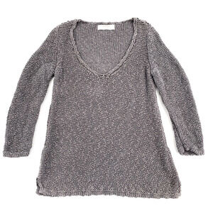 Zara Knit Womens Open Knit Deep‎ V-Neck Sweater Sz L Grey Silver Split Hem